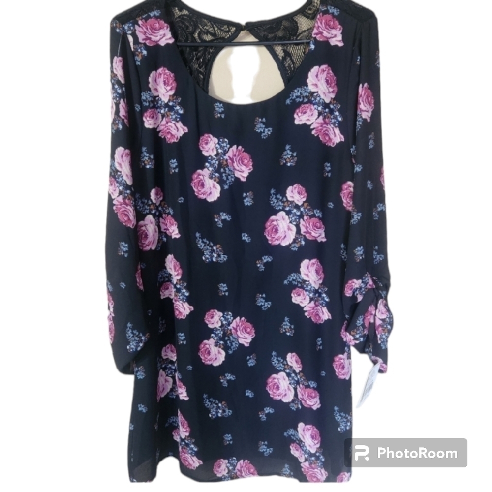 Speechless Black Floral with lace on the back neck Dress with Tied Ip Sleeves/L